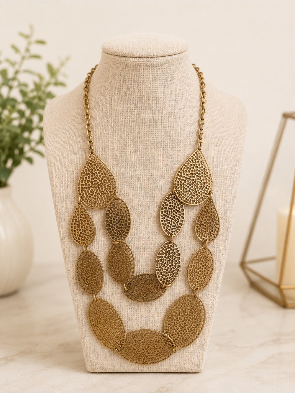Gold Tone Layered Statement Necklace Textured Teardrop Bib Boho Chic Adjustable